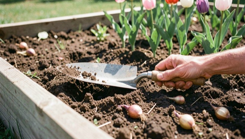 A hand trowel, loose soil and tulip bulbs beside a sunlit planting bed