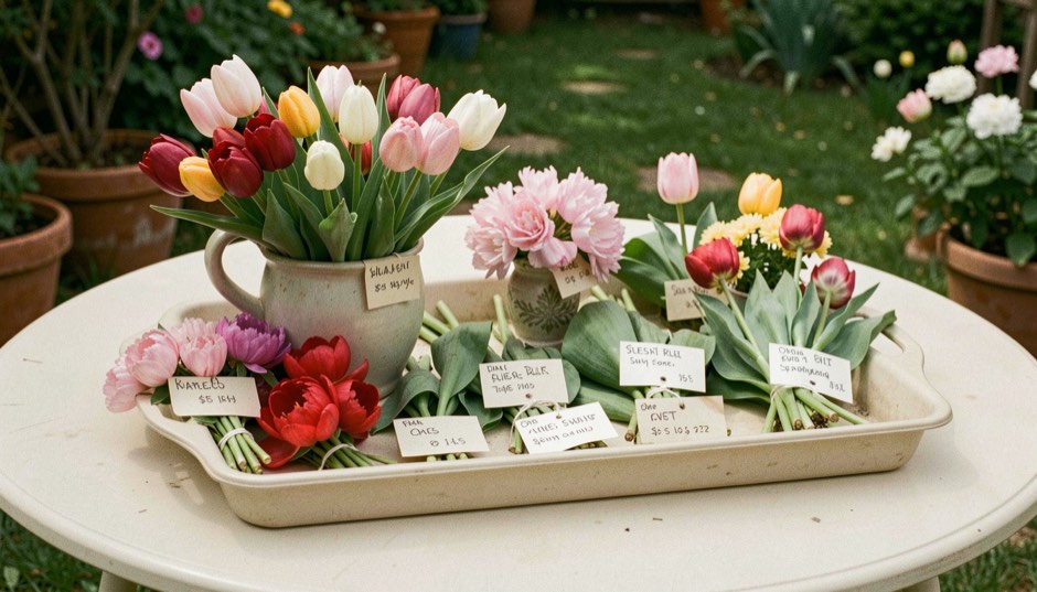 A tray of tulip labels and flowers grouped by form on a pale garden table