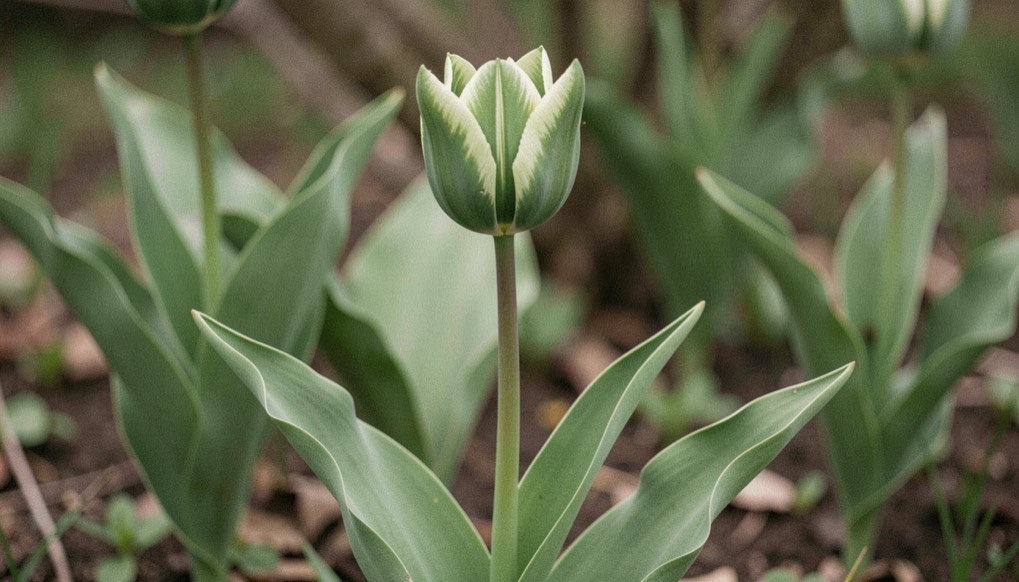 A green-marked tulip flower opening above broad leaves in a quiet spring border